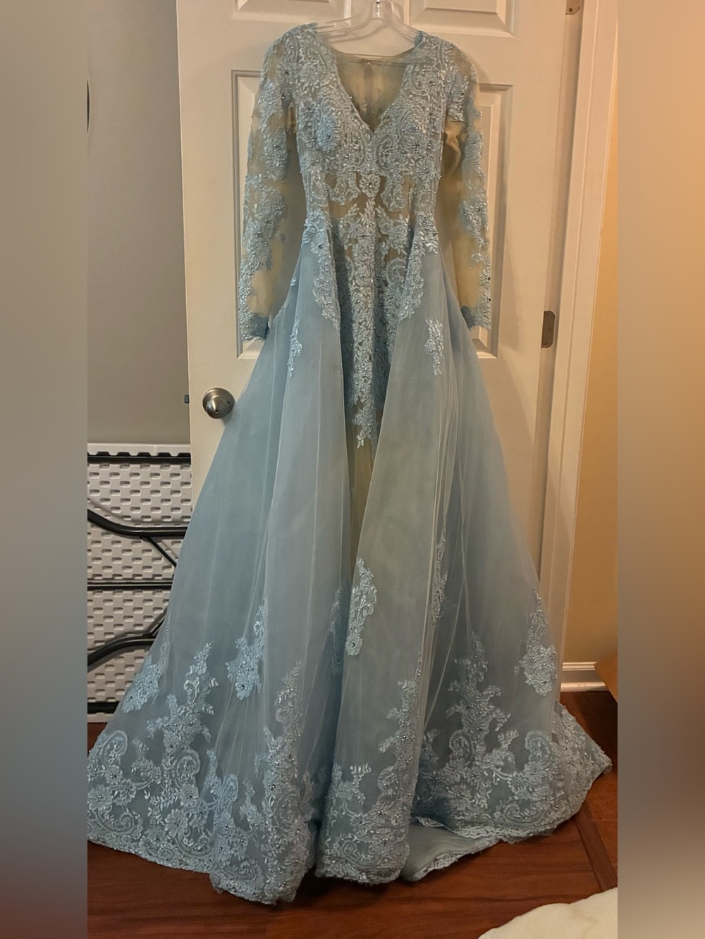Sherri Hill Champagne and Baby Blue Lace & Mesh Evening Dress - Picture 2 of 4